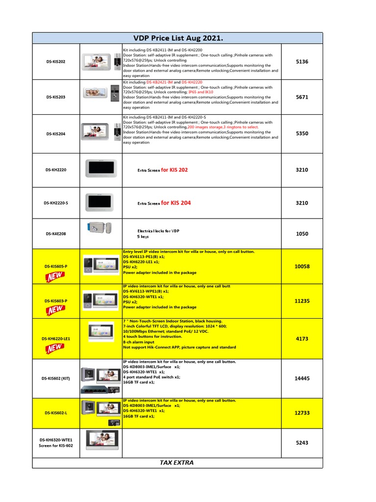 VDP Price List Aug 2021. For KIS 204 PDF Video Computer Engineering