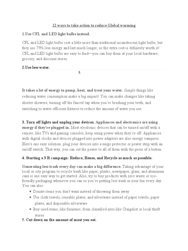 12 Actions to Combat Global Warming | PDF | Climate Change | Car