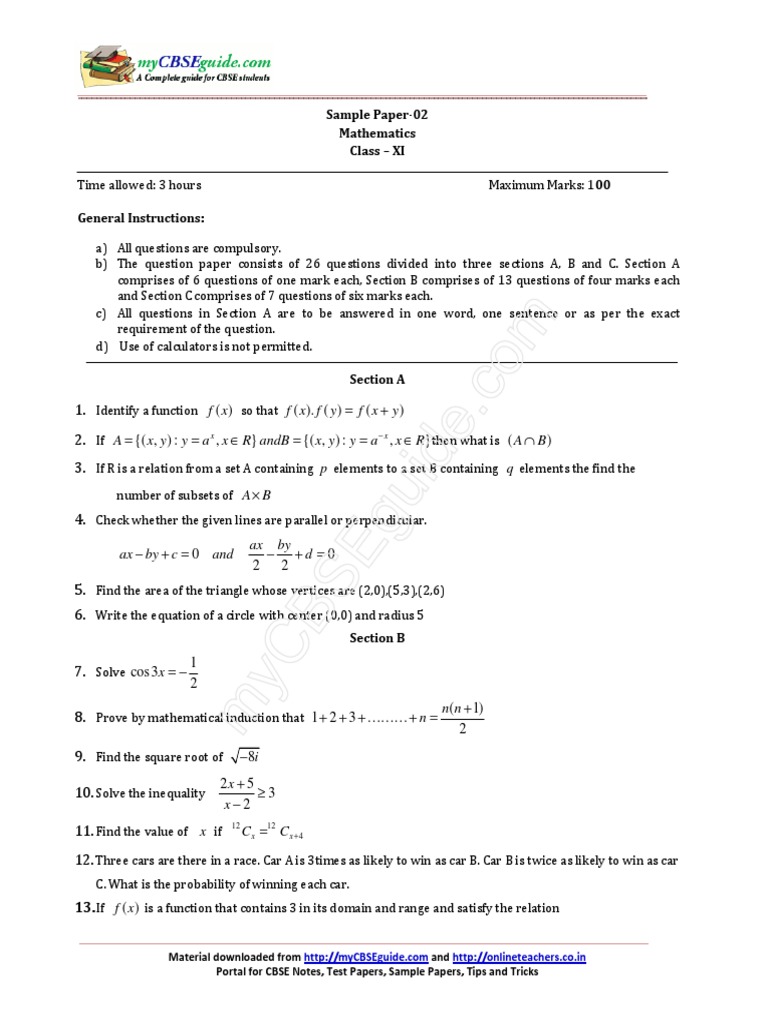 Grade 11 Mathematics Sample Paper | PDF | Mean | Function (Mathematics)