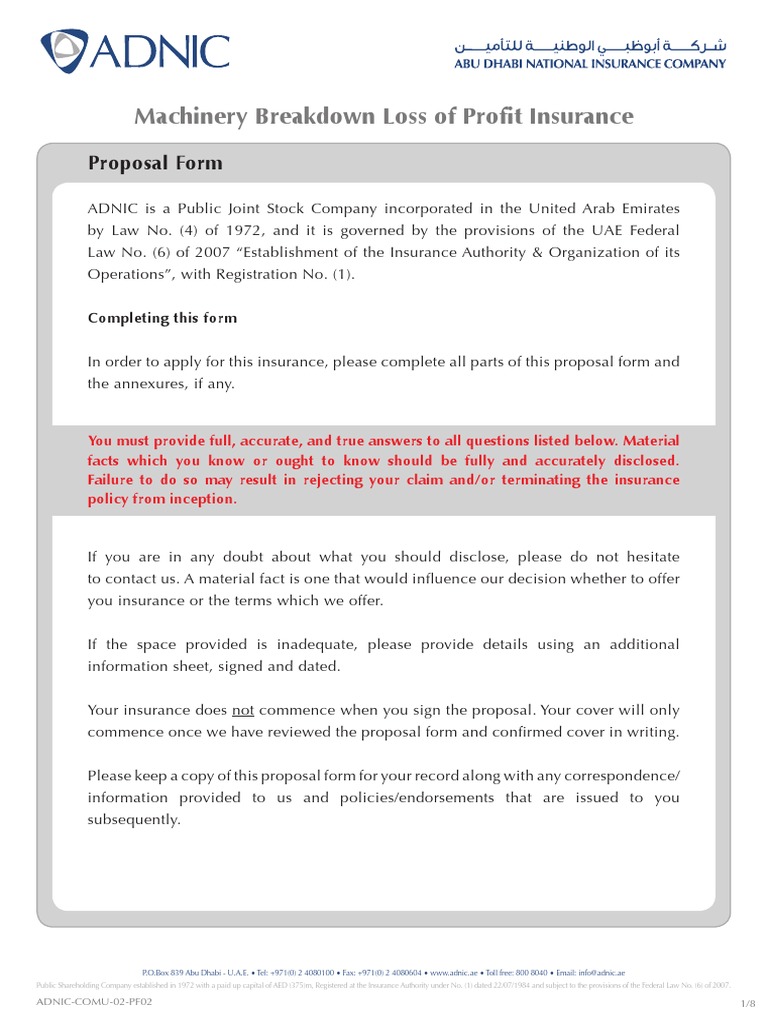 Machinery Breakdown Loss of Profit Insurance Proposal Form PDF