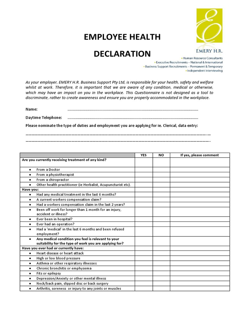 Employee Health Declaration Form PDF Dermatitis Workers' Compensation