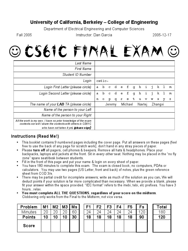 CS61C Final Exam University of California, Berkeley College of Engineering PDF Computer