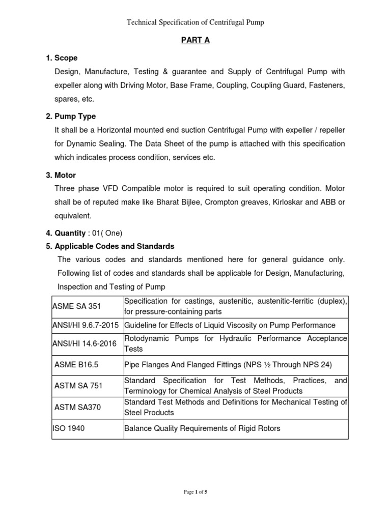Tech Spec For Centrifugal Pump | PDF | Pump | Specification (Technical ...