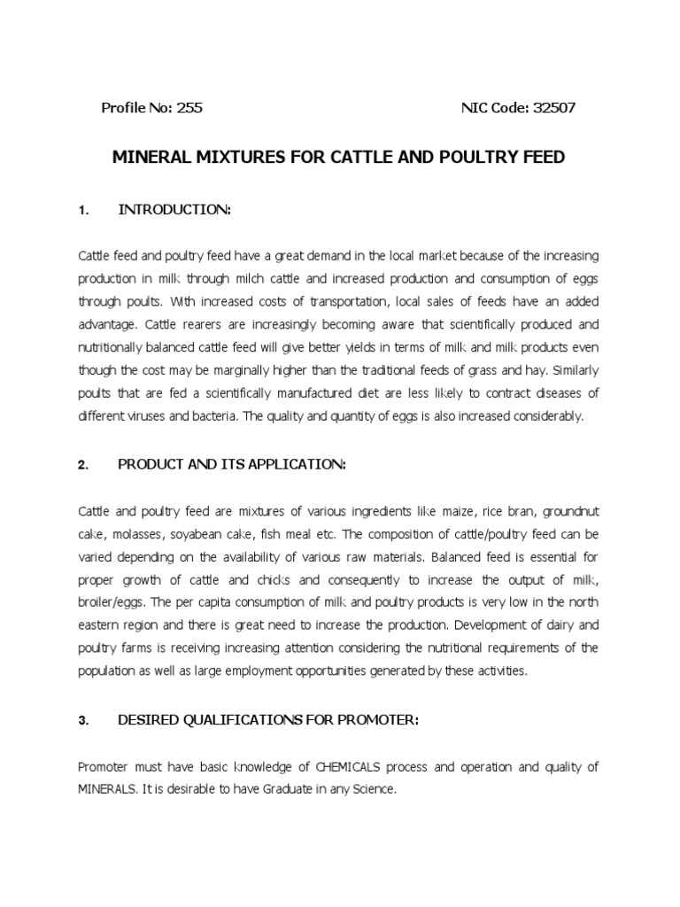 Mineral Mixtures For Cattle and Poultry Feed Profile No 255 NIC Code
