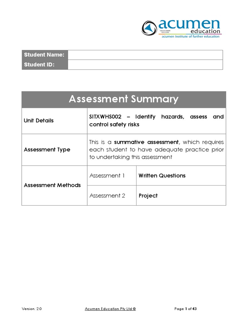 27 - SITXWHS002 Assessment Student Version | PDF | Occupational Safety ...