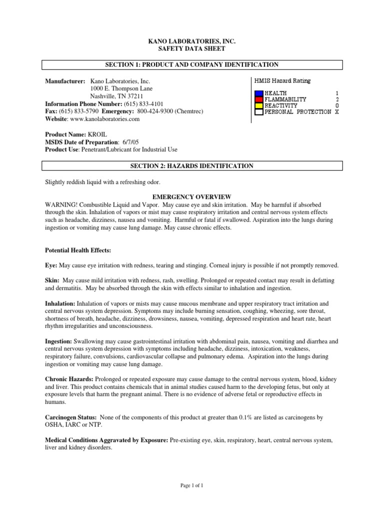 HMIS Hazard Rating Health 1 Flammability 2 Reactivity 0 Personal