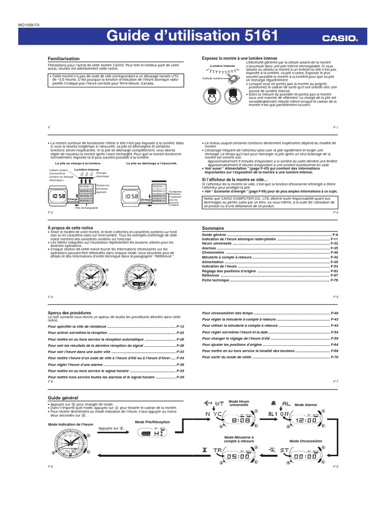 Guide d'utilisation montre CASIO 5161 | PDF | Lumière | Calibrage