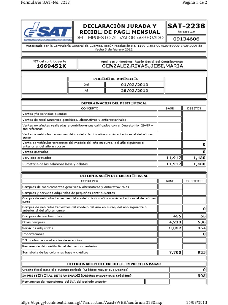 Declaración IVA Formulario SAT-2238 | PDF | Impuesto al valor agregado ...