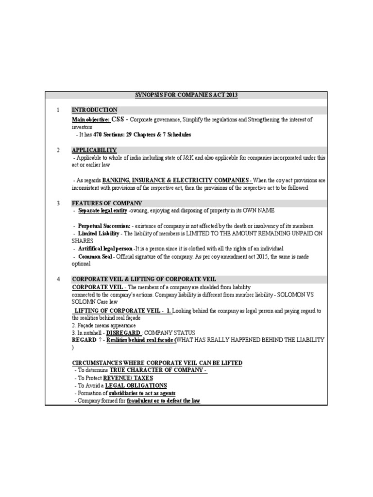 Perfect Study Notes For Companies Act 2013 Ca Foundation Pdf