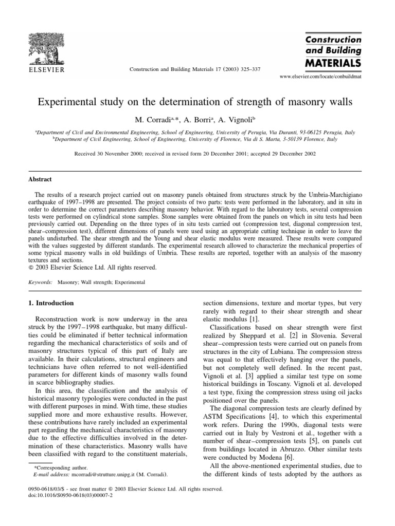 Masonry Strength Study in Umbria | PDF | Strength Of Materials | Stress ...