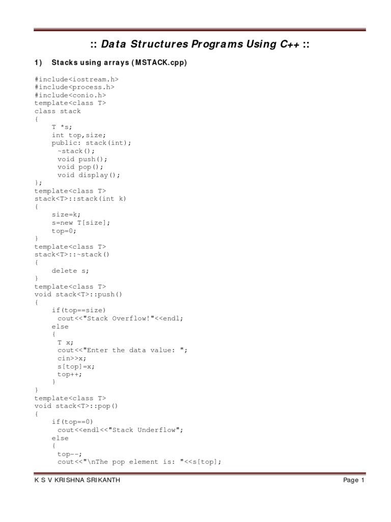 Data Structures Programs Using C++::: 1) Stacks Using Arrays (MSTACK ...