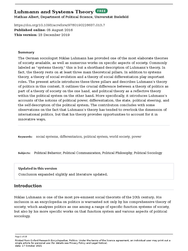 Luhmann's Political Systems Theory | PDF | Sociology | Theory
