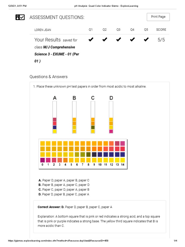 PH Analysis Quad Color Indicator Gizmo ExploreLearning PDF Ph