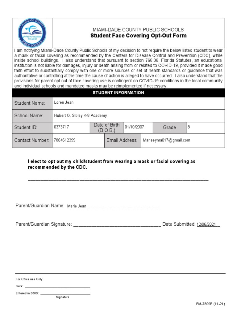 Student Face Covering Opt-Out Form: Loren Jean Hubert O. Sibley K-8 ...