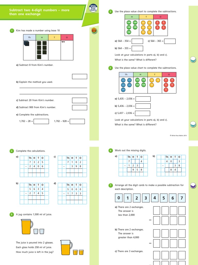 Subtract Two 4 Digit Numbers More Than One Exchange Worksheet