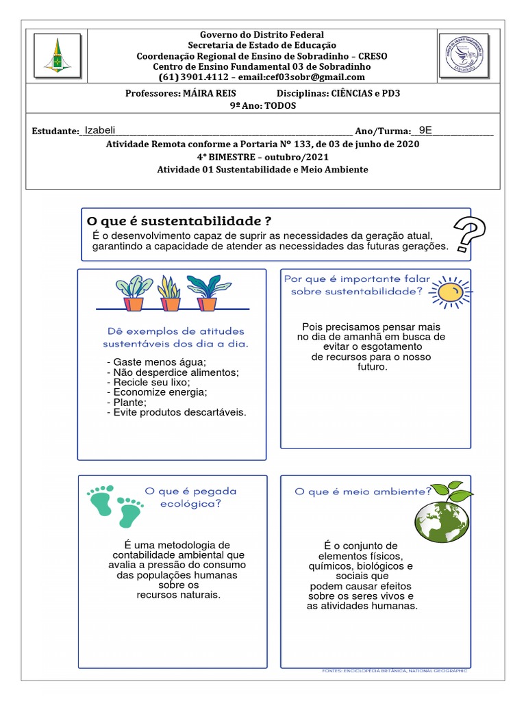 Ciências - 9 Ano - Atividade 1 Sustentabilidade | PDF ...
