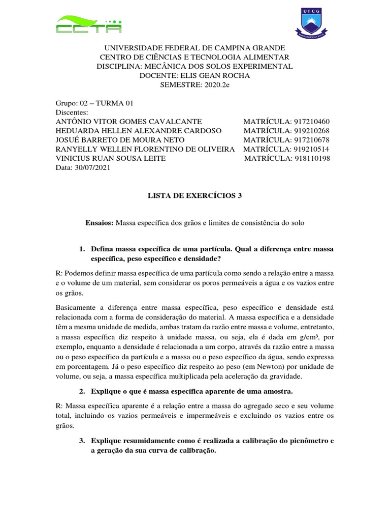 Massa Especíifica e Indices de Consistência (Atividade 3) - GRUPO 02 ...