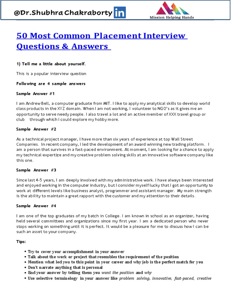 Common Placement Interview Questions | PDF | Goal | Leadership