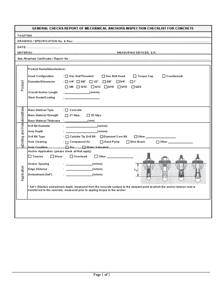 General Checks Report of Mechanical Anchors Inspection Checklist For