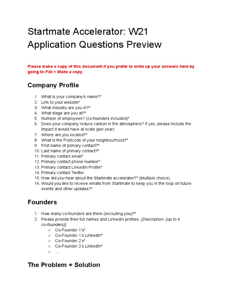 Application Questions Preview - Startmate Accelerator - W21 | PDF ...