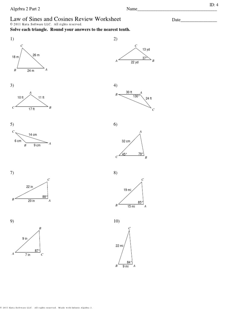 Law of Sines and Cosines Review Kuta With Answers | PDF | Angle