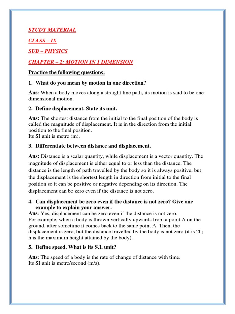 Class 9 Physics: Motion in 1D Study Guide | PDF | Velocity | Acceleration