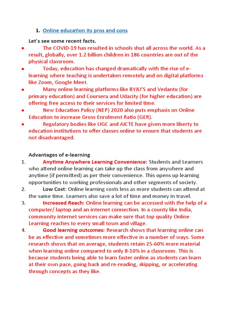 Pros and Cons of Online Education | PDF | Educational Technology | Teachers