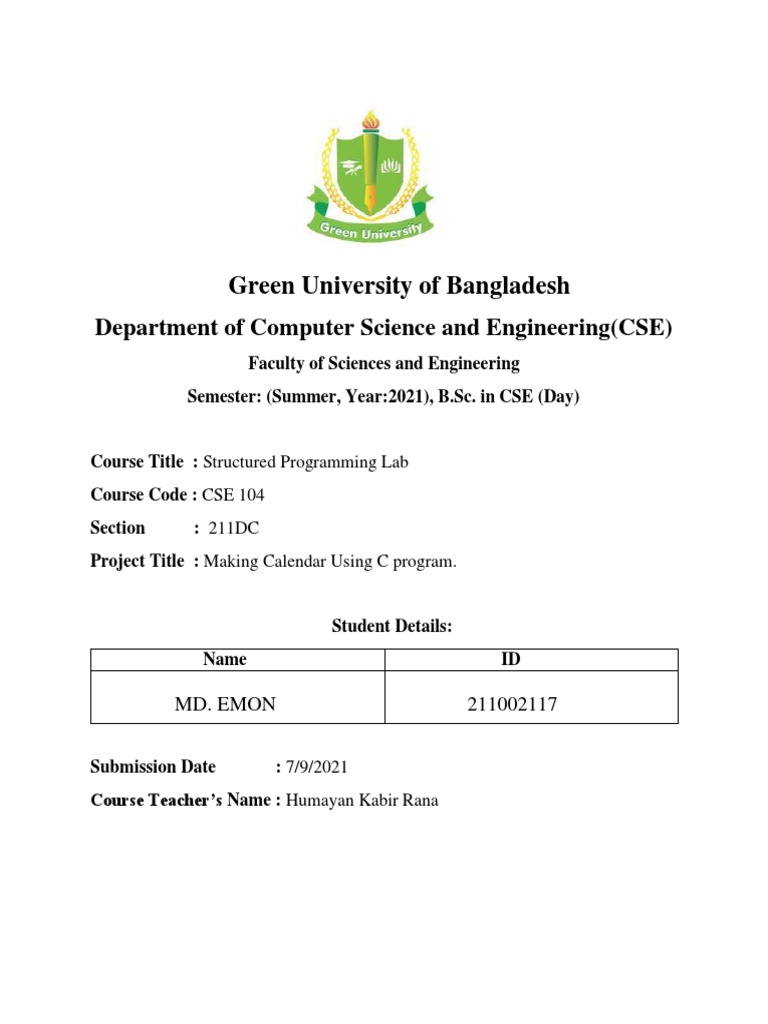 Calendar Using C Project Pdf 