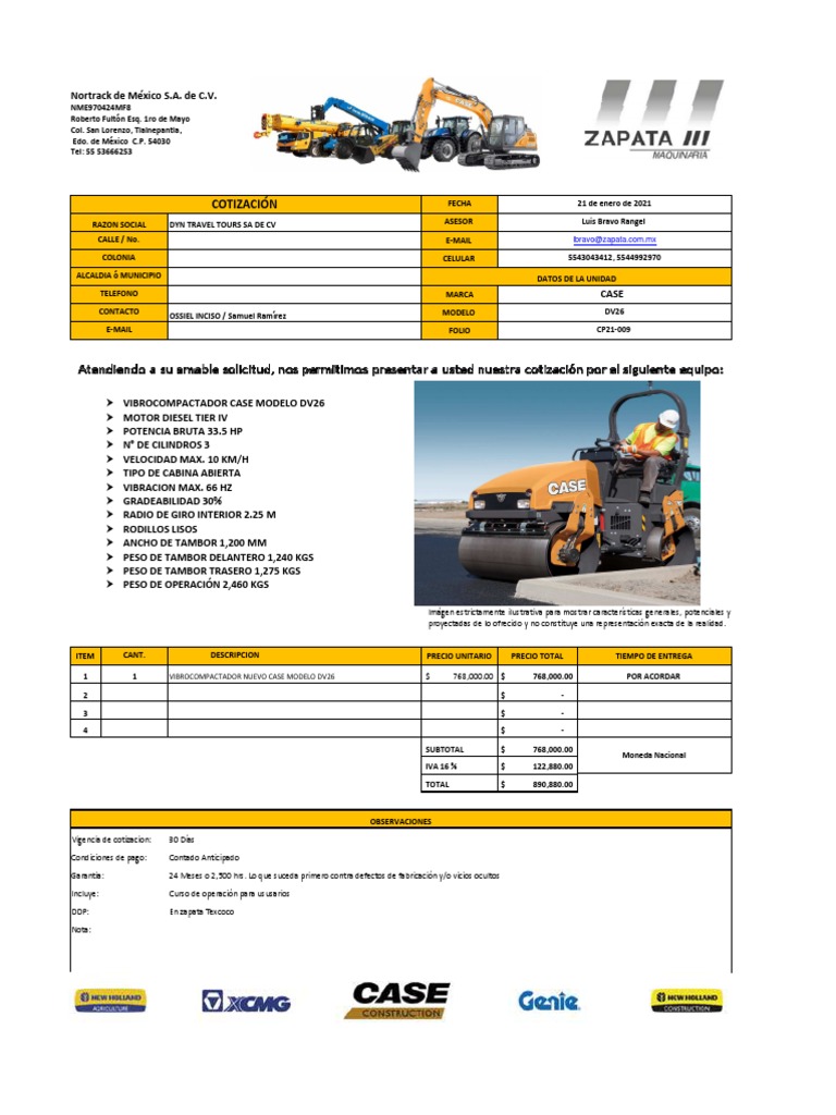 Cotización Vibrocompactador Case DV26 | PDF | Sedanes | Transporte privado