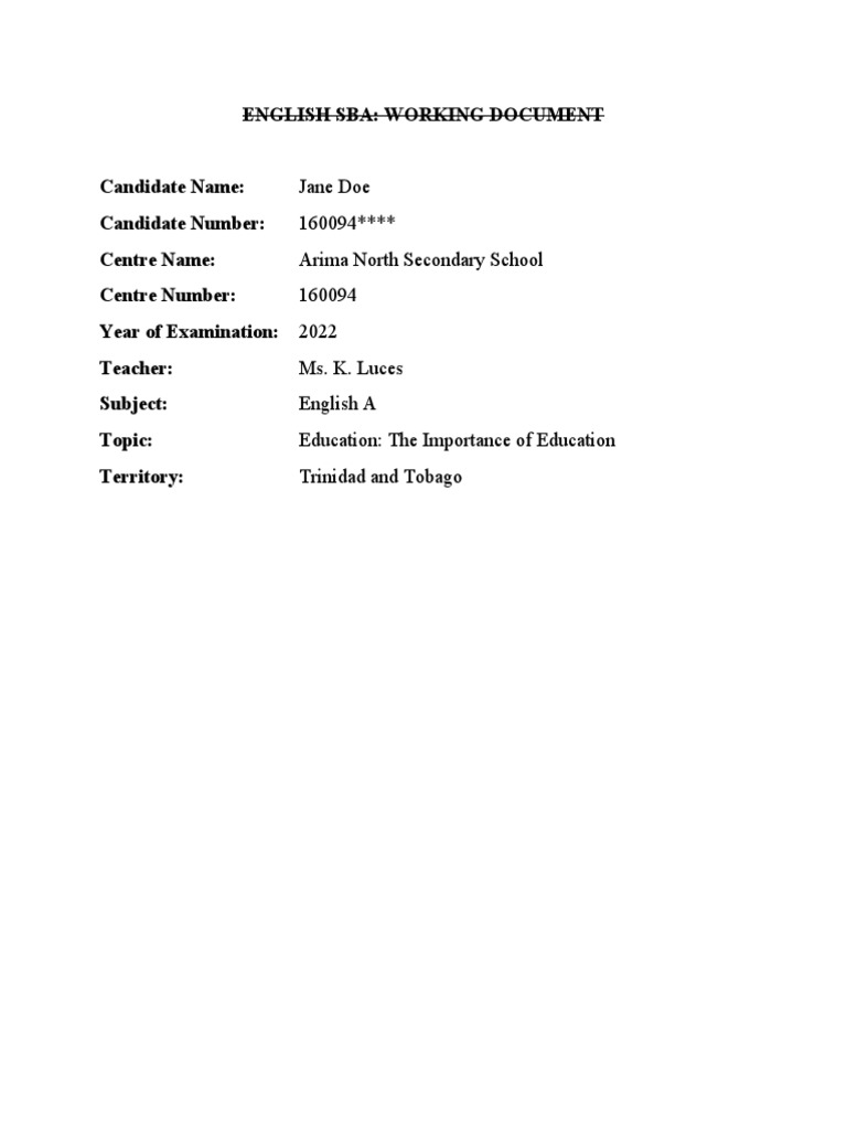 English SBA SAMPLE MSKL PDF Reading Comprehension Thought