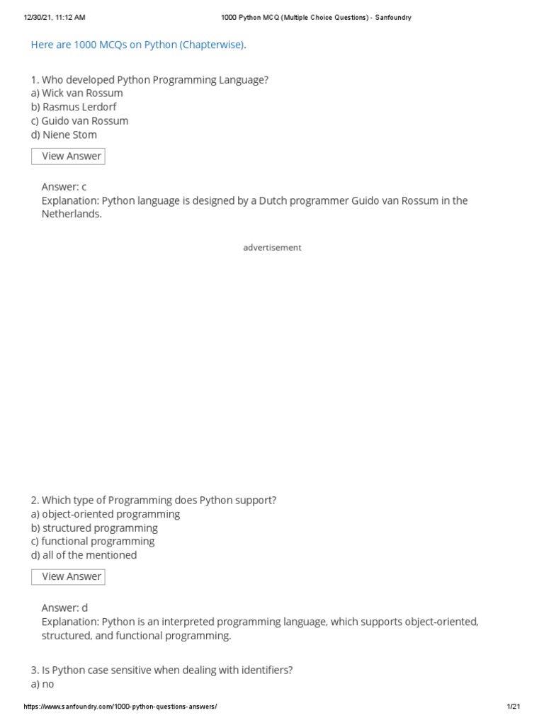 1000 Python MCQ (Multiple Choice Questions) - Sanfoundry | PDF ...