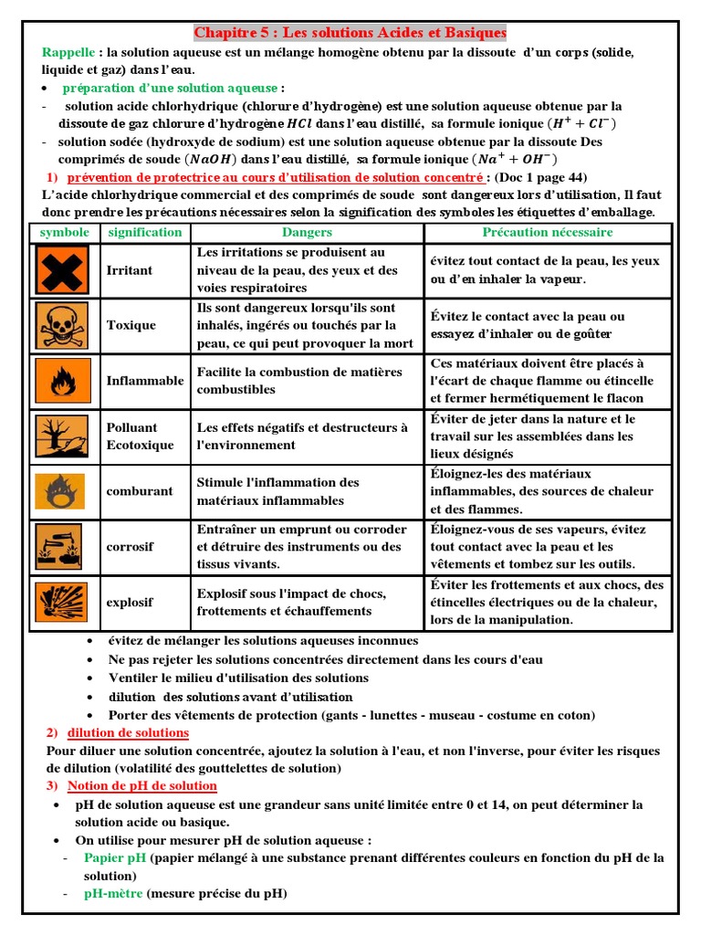Dangers et caractéristiques des solutions acides et basiques | PDF | Ph ...