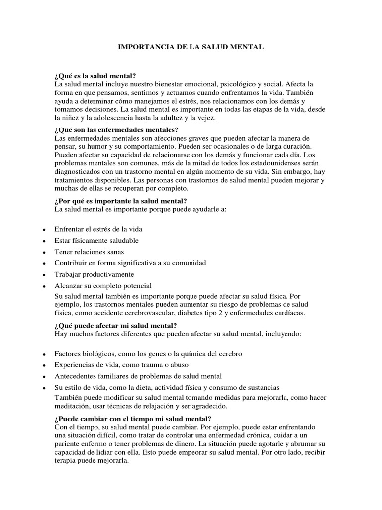 Importancia y Cuidado de la Salud Mental | PDF | Salud mental ...