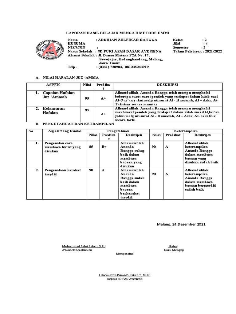 Rapor Ummi SMST1 Jilid 4 | PDF