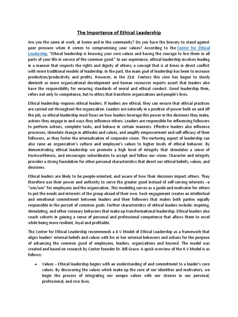 The Importance Of Ethical Leadership Pdf Leadership Value Ethics