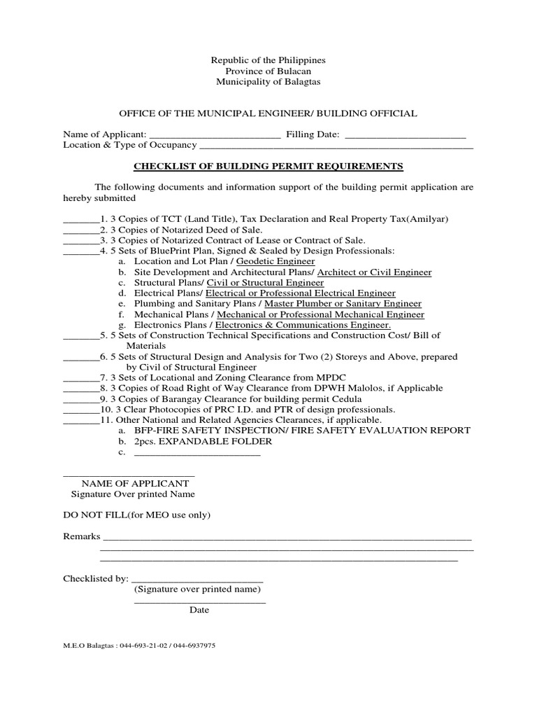 Building Permit Requirements Checklist | PDF | Engineer | Real Estate