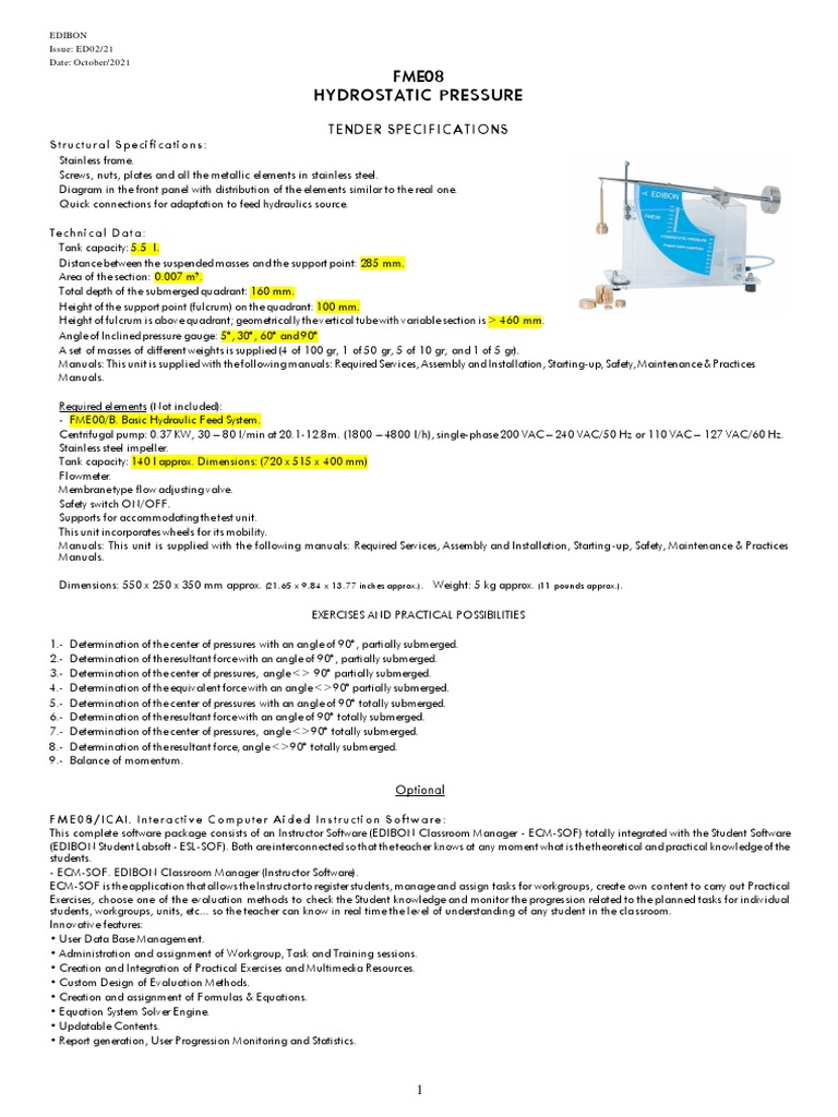 Hydrostatic Pressure Tender Specifications | PDF | Flow Measurement ...