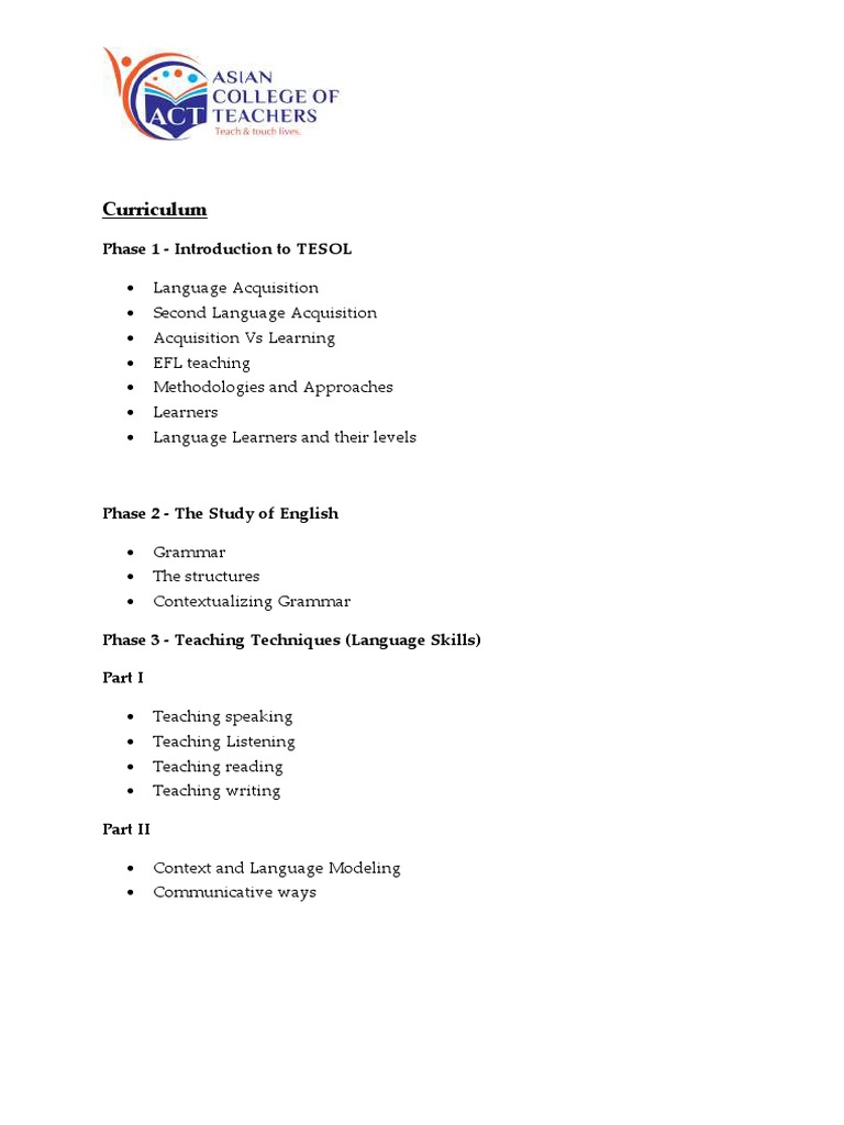 Curriculum: Phase 1 - Introduction To TESOL | PDF