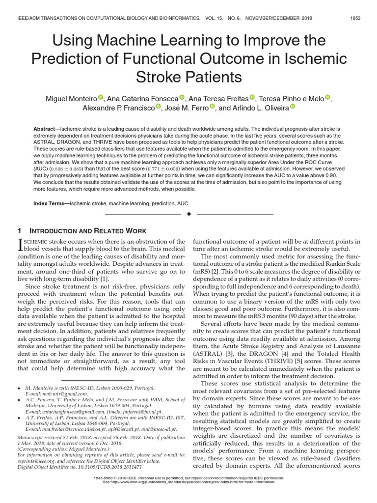 Using Machine Learning To Improve The Prediction of Functional Outcome in  Ischemic Stroke Patients | PDF | Receiver Operating Characteristic | Stroke
