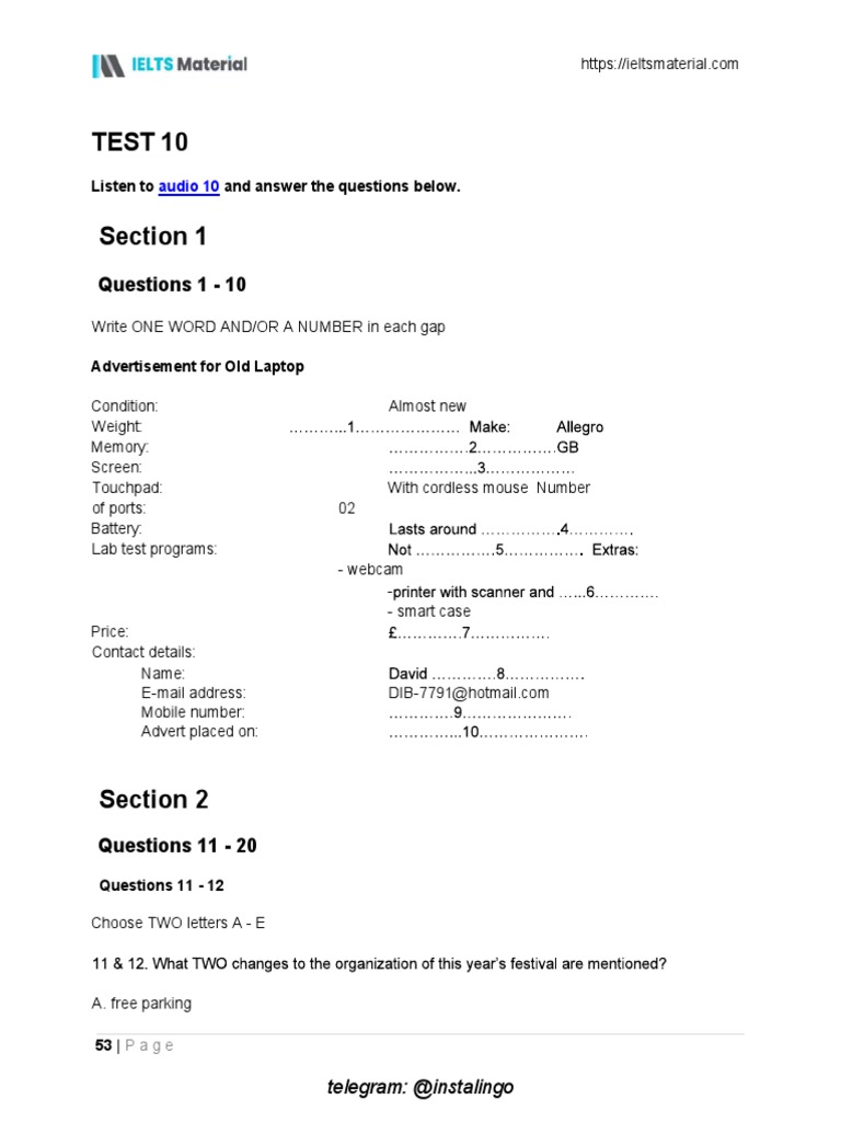 Test 10: Questions 1 - 10 | PDF | Test (Assessment)