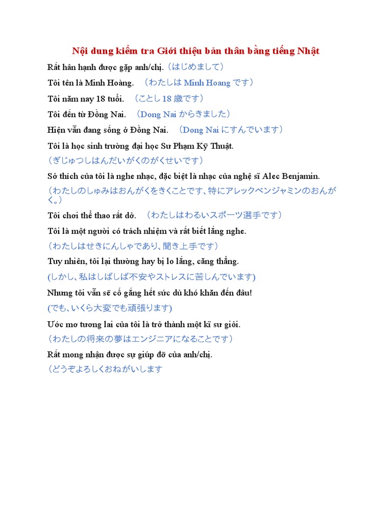 Giới Thiệu Bản Thân Bằng Tiếng Nhật | PDF