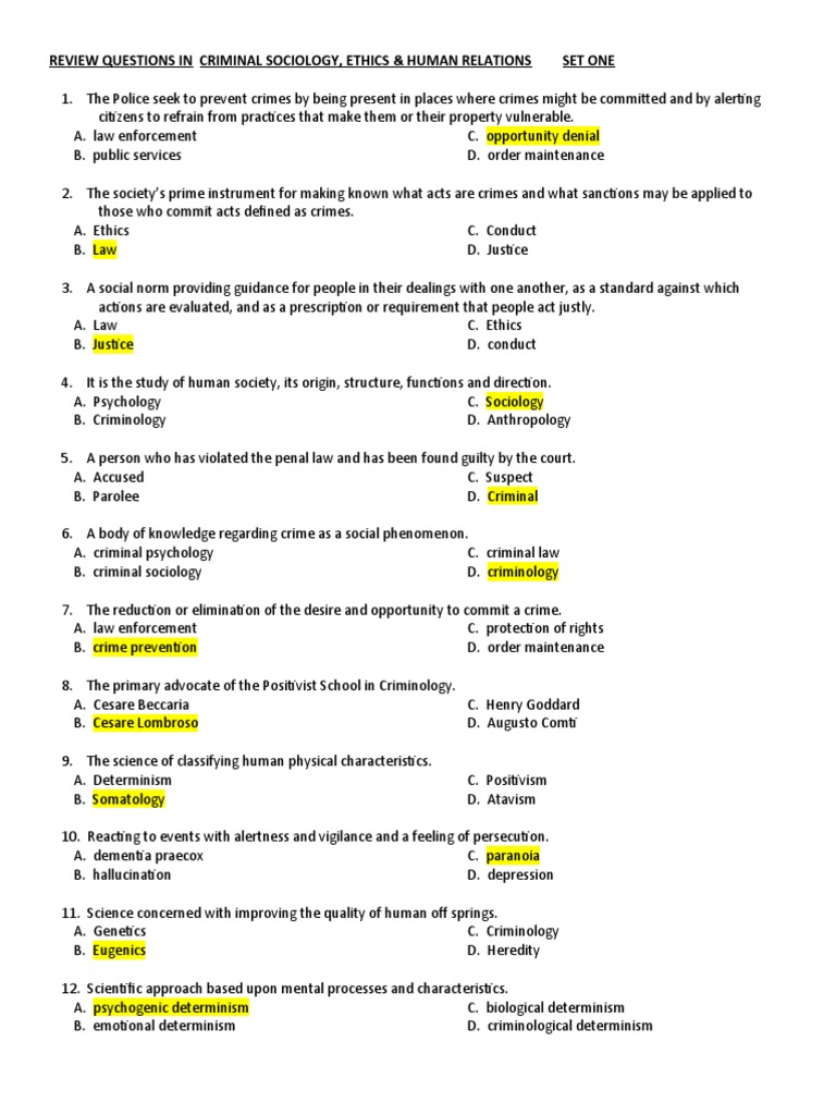 Review Questions in Criminal Sociology, Ethics &amp; Human Relations Set ...