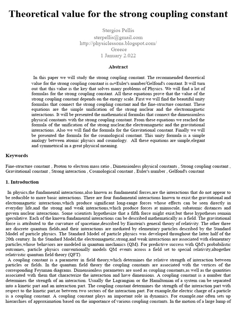 Theoretical Value For The Strong Coupling Constant Stergios Pellis