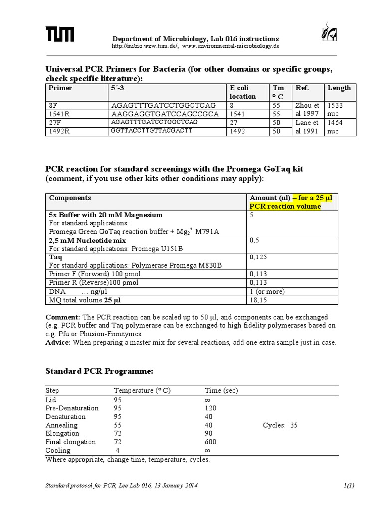 Universal PCR Primers for Bacteria Instructions for Standard PCR