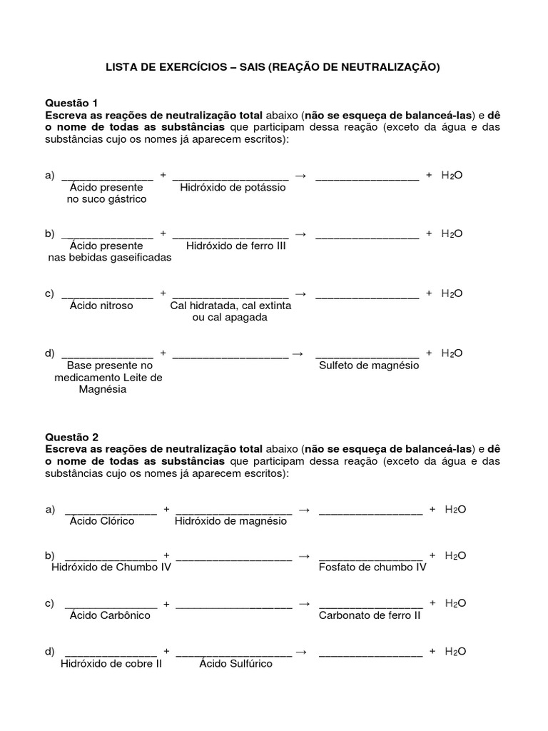 Lista de Exercícios - Sais (Reação de Neutralização) | PDF | Compostos ...