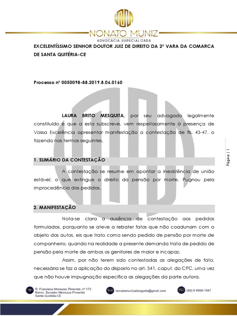 Manifestação à Contestação em Processo Judicial | PDF | Advogado ...