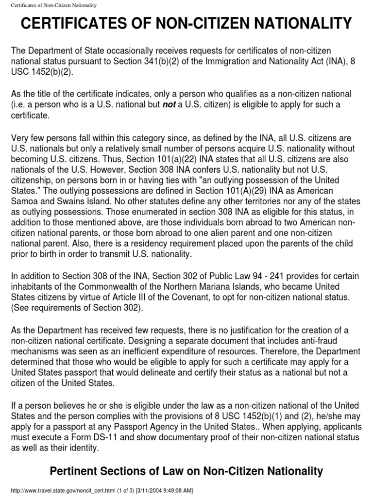 Non Citizen Nationality PDF United States Nationality Law Nationality