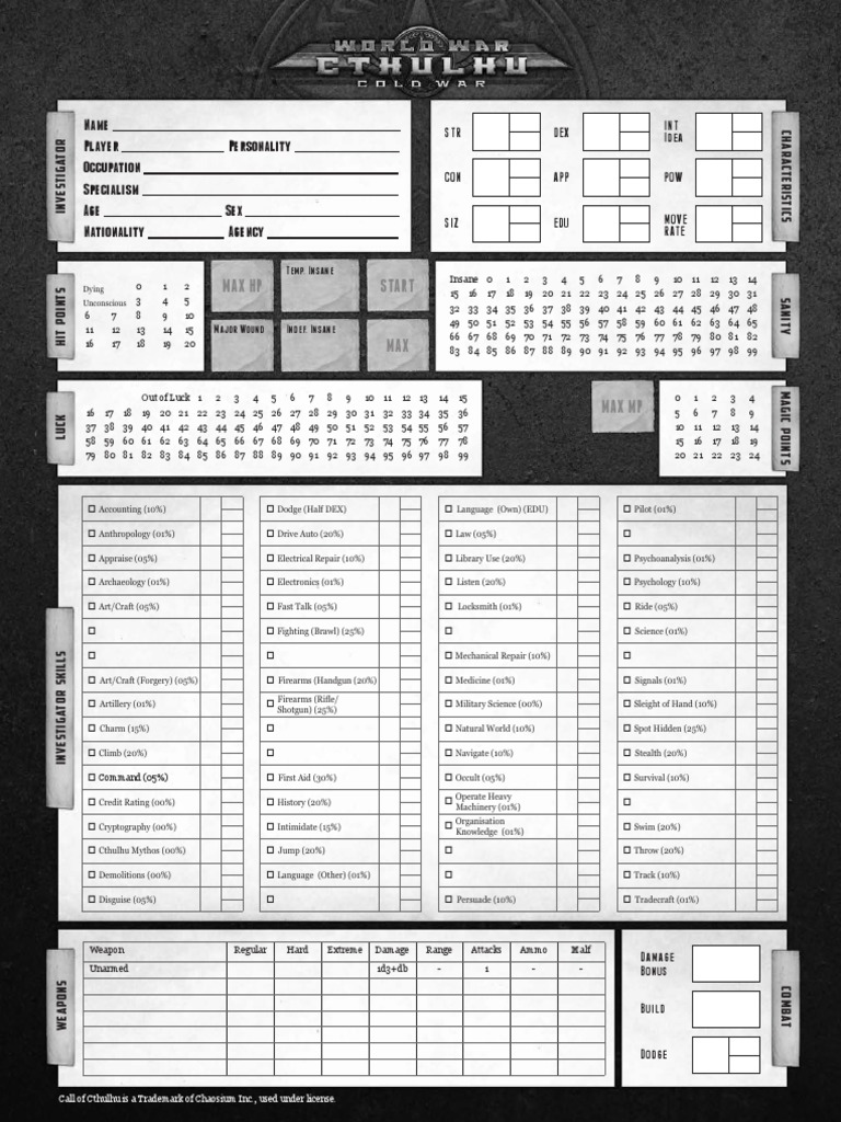 Cold War Cthulhu Character Sheet | PDF