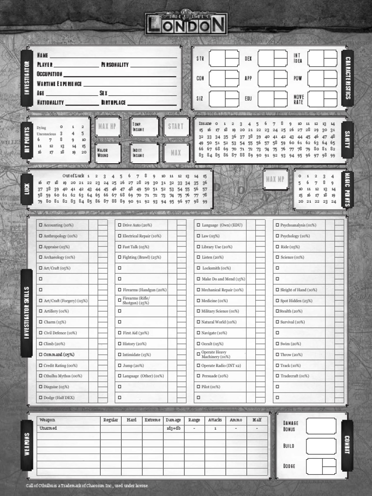 World War Cthulhu - London Character Sheet | PDF