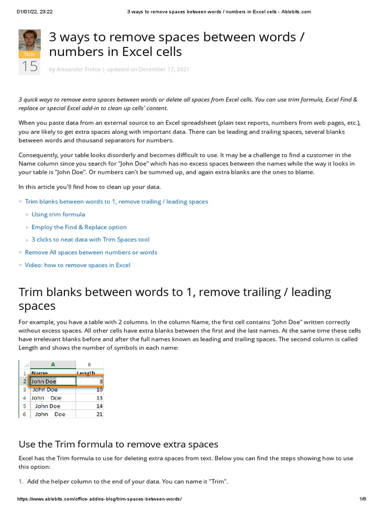 3 Ways To Remove Spaces Between Words - Numbers in Excel Cells | PDF ...